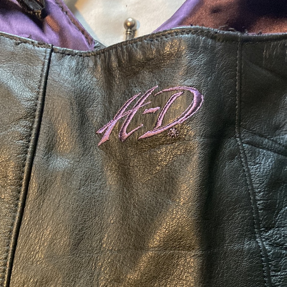 Harley-Davidson Black Leather Halter Zip Front Camisole with Purple Graphic - Picture 4 of 6